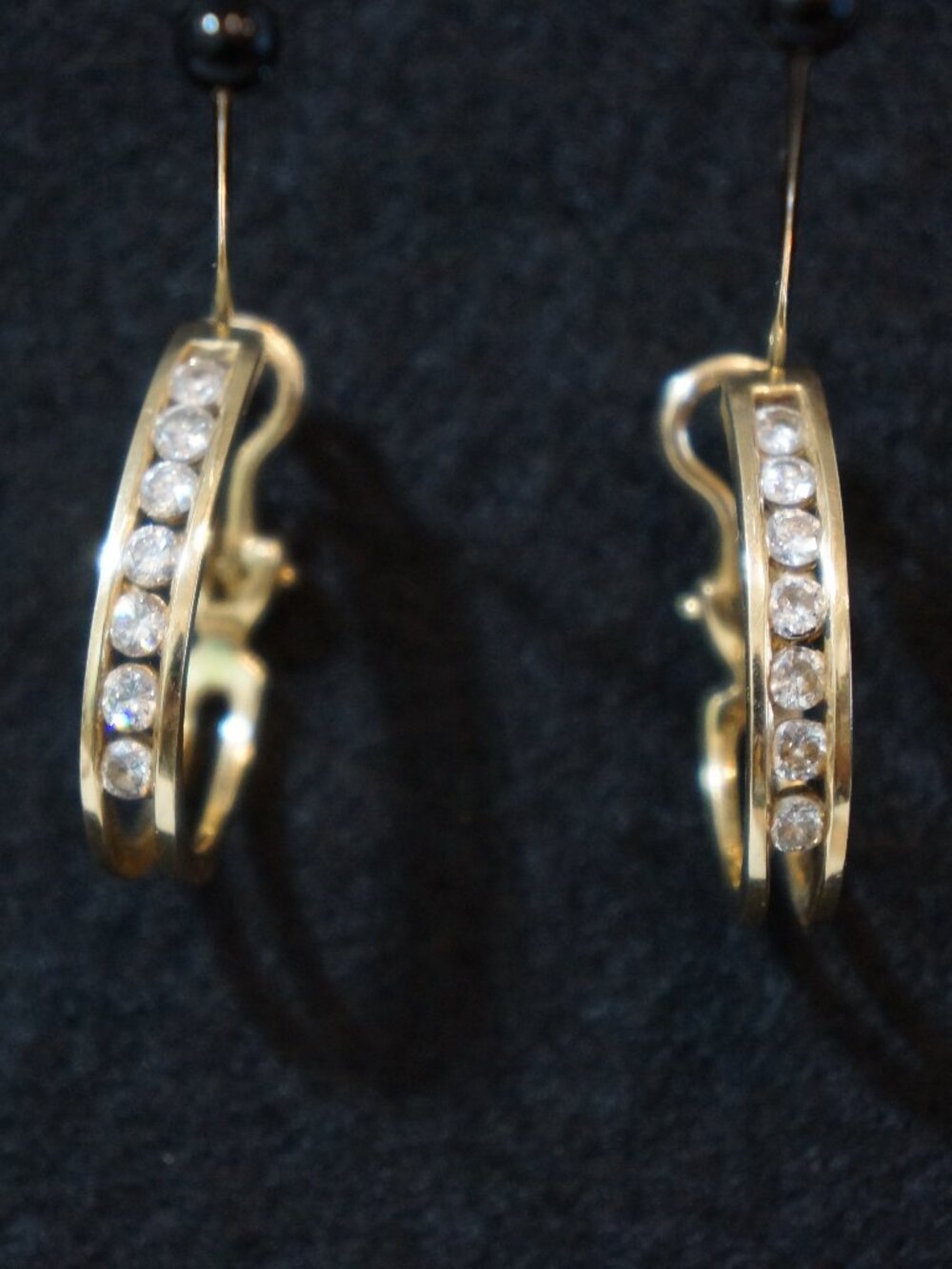 Vintage 14K Yellow Gold Diamond Channel Set J Hoop Omega Back Earrings
